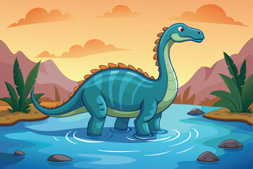 Cartoon Brontosaurus Standing in Water with Prehistoric Landscape Background Illustration