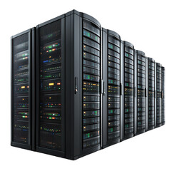 Servers in a data center row isolated on transparent background
