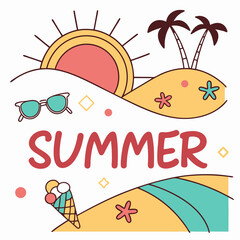 Summer Beach Vacation Illustration: Sun, Palms, Ice Cream