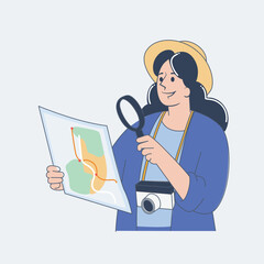Tourist Woman Examining a Map with Magnifying Glass