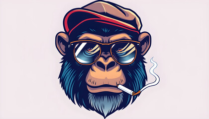 Illustration of a monkey wearing glasses and a hat smoking a cigarette on a white background