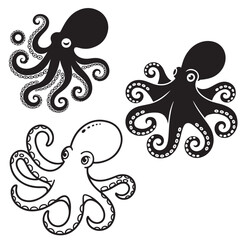 set vector various Black and White Stylized Octopus line art outline silhouettes Illustration