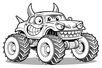 Cartoon Monster Truck with Horns and Grinning Face