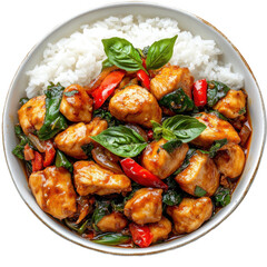 Chicken basil with rice bowl isolated on transparent background