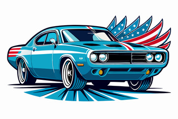Classic Blue Muscle Car with American Flag Wings