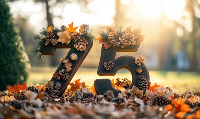Festive Autumn Display with Number 75 Surrounded by Leaves and Pinecones