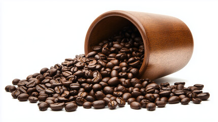 Fototapeta premium Brown ceramic mug spilling roasted coffee beans on white background 
