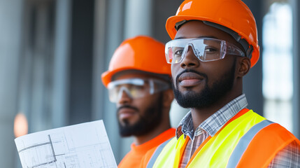 confident construction workers wearing safety gear, hard hats and vests, standing on site, diverse team of engineers and builders
