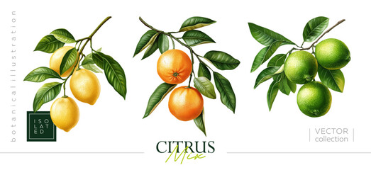 Vibrant Citrus Fruits Buttery Lemons, Juicy Oranges, and Limes with Lush Leaves. Vintage painting style and botanical illustration