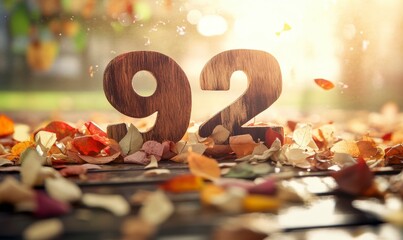 Wooden Number 92 Surrounded by Colorful Autumn Leaves in Nature