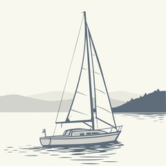 Sailboat illustration with white sails gliding across calm waters, surrounded by distant hills and a serene landscape, capturing the essence of peaceful nautical adventures and leisure