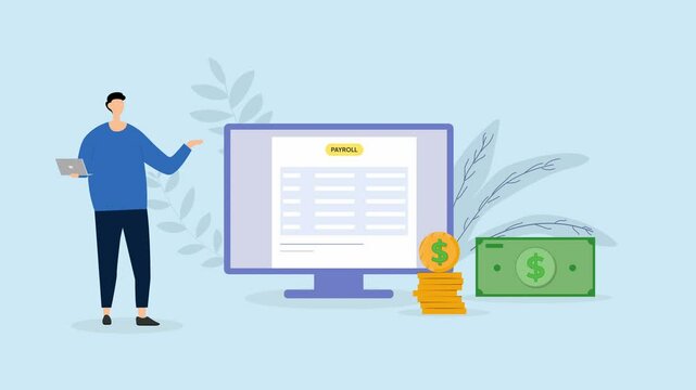 animated businessman with payroll computer, Salary payroll system, business, accounting or employee wages concept. 4K animation.