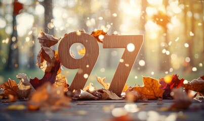 Wooden number 97 with colorful leaves in soft autumn sunlight