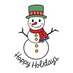 A cheerful snowman wearing a scarf and hat, smiling brightly under falling snowflakes, with the festive heading 