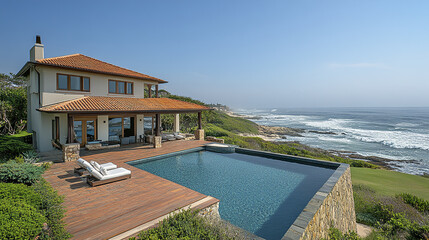 Fototapeta premium Luxurious oceanfront property with stunning views and serene pool area