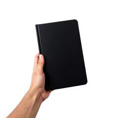 A hand holding a sleek black electronic tablet against a transparent background, showcasing the tablet's modern design and functionality with a minimalist aesthetic..