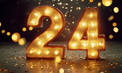 Bright Number 24 with Festive Lights and Glittery Background