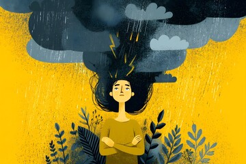 A woman with a storm cloud above her head, an illustration representing anxiety. The illustration depicts a woman surrounded by plants, her head shadowed by a dark cloud with lightning