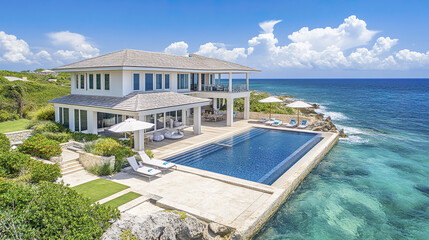 Fototapeta premium Luxurious oceanfront villa with stunning views and serene pool area, perfect for relaxation