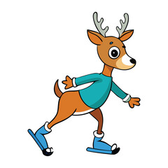 Two reindeer gracefully ice skate side by side on a sparkling frozen lake, their hooves gliding smoothly as they share a joyful, wintry dance under a crisp, clear sky.
