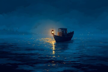 Obraz premium A solitary boat on a tranquil sea at night, illuminated by a lantern
