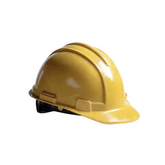 Fototapeta premium A bright yellow construction helmet isolated on a white background, symbolizing safety and protection in hazardous work environments.