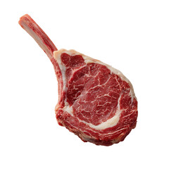 A delectable, raw tomahawk steak with a bone. The vibrant red color of the meat and the marbling create an image of culinary excellence.