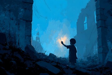 Obraz premium a child holds a glowing light amid the ruins of a bombed-out city, a scene of hope amid destruction. The ruins evoke the aftermath of conflict