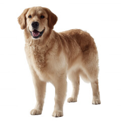 Obraz premium A cheerful golden retriever standing proudly with a joyful expression against a white isolated background.