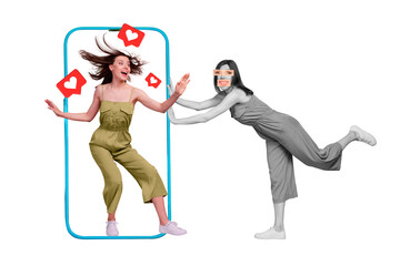 3d retro abstract creative artwork template collage of excited happy woman screen display fake...