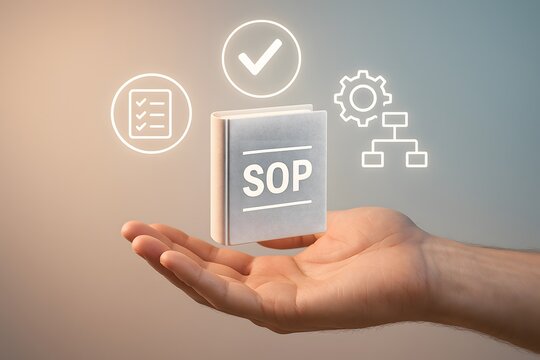 A compact SOP manual floats above an outstretched hand with checklist and gear icons. Concept of standardized procedure and quality management.