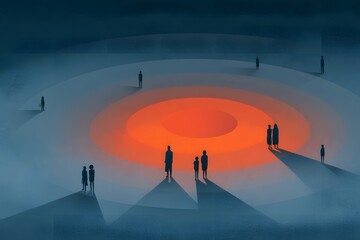 Naklejka premium People stand around a warm core. This striking visual symbolizes connection, community, and gathering around a central element