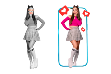 Creative template collage of weird bizarre lady blogger edit her picture post charming photos on instagram facebook profile