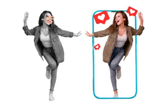 Poster creative collage banner of lsdy influencer with strange apperance post on social media edit image for many likes