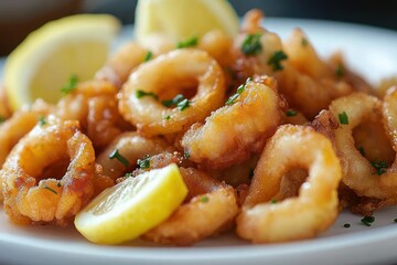 Close-up of golden fried calamari rings garnished with chopped herbs served with lemon wedges on white plate