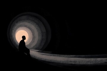 a man sitting in darkness facing bright light in the distance, hope for the future