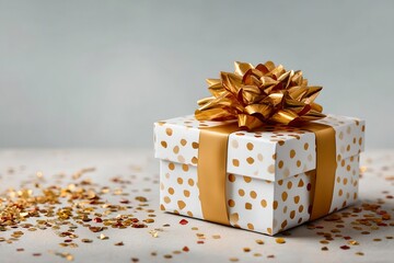 surprise gift box with metallic foil, lid pops open with golden light burst, white background, festive confetti & glowing particles