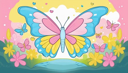 Cute butterfly vector. Crayon spring background