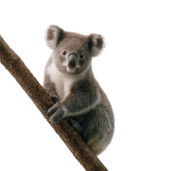 Naklejka premium A cute koala perched on a tree branch, showcasing its fluffy coat and inquisitive expression, isolated on a white background for a clear focus on this adorable marsupial.