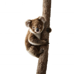 Naklejka premium A cute koala clinging to a tree trunk, showcasing its distinctive features and fluffy fur in a natural pose against a white isolated background.