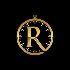 Luxury Gold Monogram R Logo with Clock Design