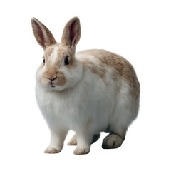 Obraz premium A cute rabbit with white and brown fur, standing gracefully. Ideal for depicting pets, wildlife, or nature themes. Suitable for various digital and print media applications.