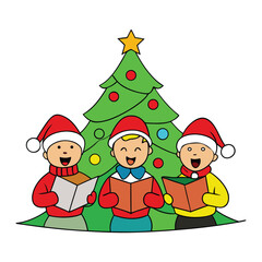 Carolers in festive hats sing joyfully around a glowing Christmas tree, spreading holiday cheer with classic tunes and warm, spirited voices.
