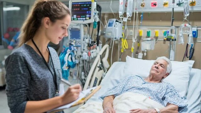Attentive nurse monitoring elderly patient in hospital icu for medical care and recovery