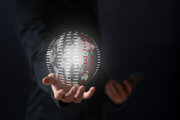 Business man with floating icon show downtrend of investment stock