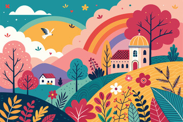 autumn landscape with trees colorful abstract pattern background. template summer concept. vector illustration
