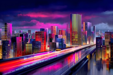 Obraz premium Vibrant cityscape at night featuring illuminated skyscrapers and a busy highway, showcasing a futuristic urban environment with colorful lights and reflections on wet surfaces
