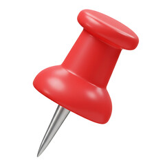 Realistic 3d render of a bright red push pin isolated on a white background