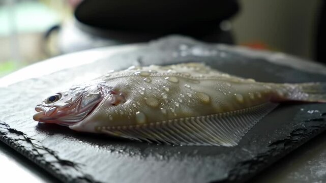 Freshly caught flatfish displayed on a slate board, glistening with water droplets, ready for preparation in a kitchen - flattened fish