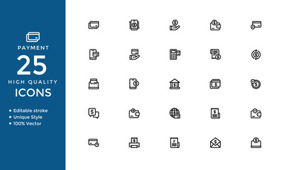 Payment and Finance Line Icons Set – Editable Stroke Vector Collection of Money, Cash, Pay, and Financial Symbols